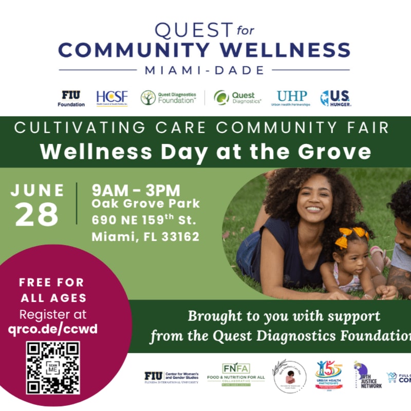 A vibrant poster advertises a free "Wellness Day at the Grove" community fair on June 28th, featuring a smiling family in the foreground and sponsor logos in the background.