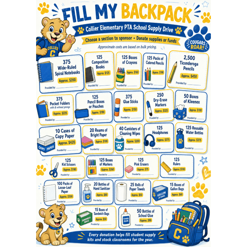 A colorful poster for a school supply drive features cartoon cougars and a backpack in the background, with a grid of school supplies and their costs in the foreground.