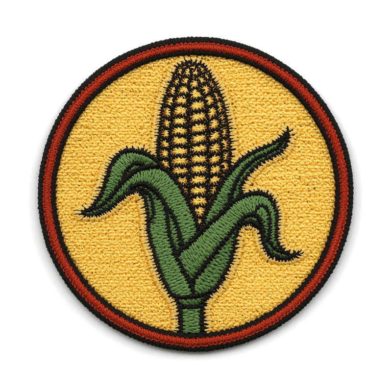 A stylized corn cob with green husks is centered on a textured yellow background, all enclosed within a red and black circular border.