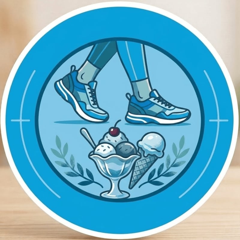 Running shoes are depicted above a bowl of ice cream and a cone, all within a blue circle against a blurred wooden background.