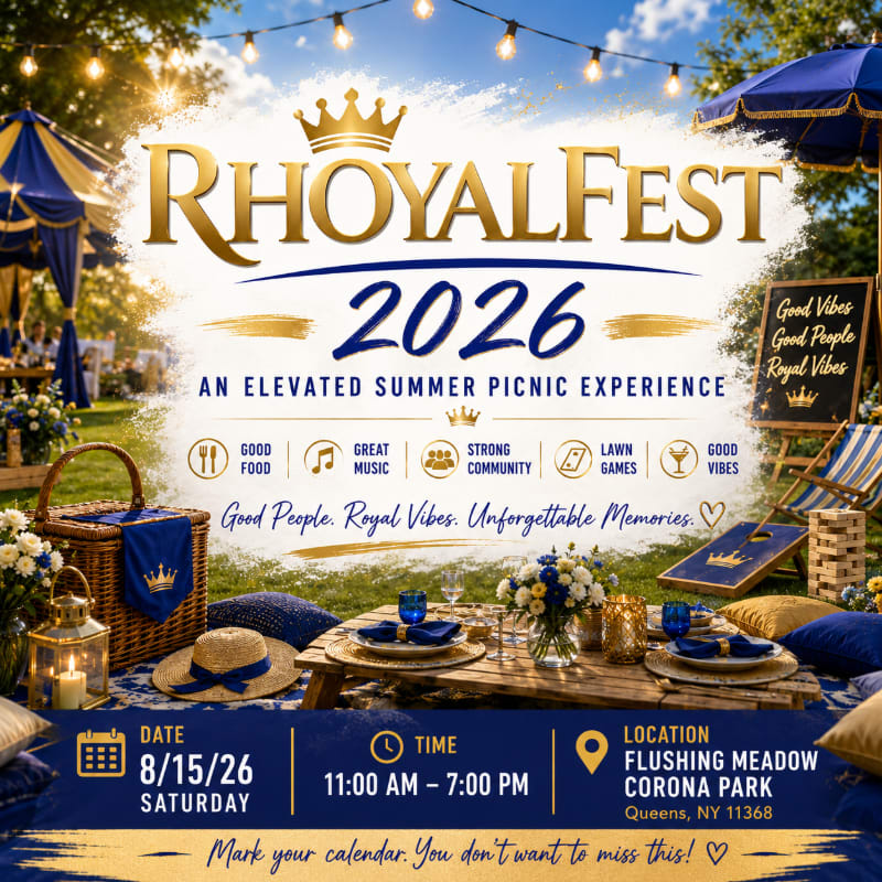 A picnic blanket is set with food and drinks in the foreground, while a festive "RHOYALFEST 2026" banner hangs in the background above a grassy park setting.