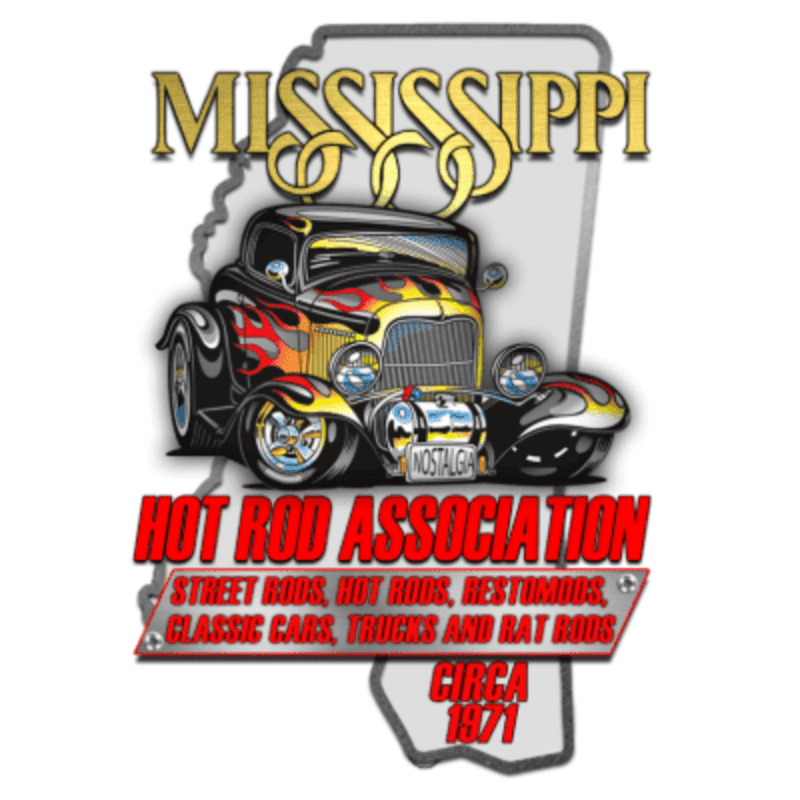 A vintage hot rod with flames is displayed in front of a Mississippi state outline, with "Mississippi Hot Rod Association" and "Circa 1971" text.