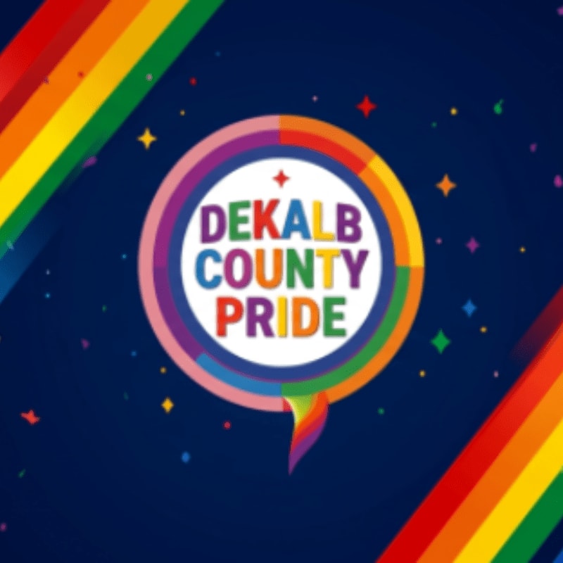 Rainbow stripes frame a circular logo with "DEKALB COUNTY PRIDE" in colorful letters against a dark blue background dotted with stars.