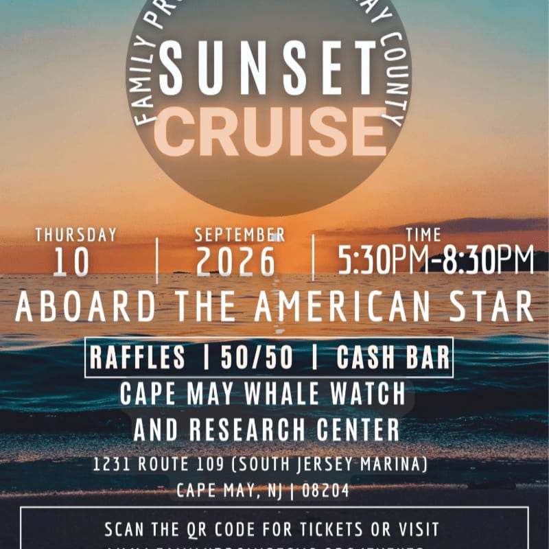 A sunset cruise advertisement features a serene ocean and sky in the background, with event details and a QR code in the foreground.
