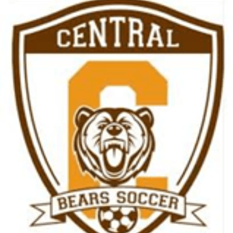 A fierce bear head with bared teeth is centered over a large orange "C" within a brown and white shield, with "CENTRAL" above and "BEARS SOCCER" with a soccer ball below.