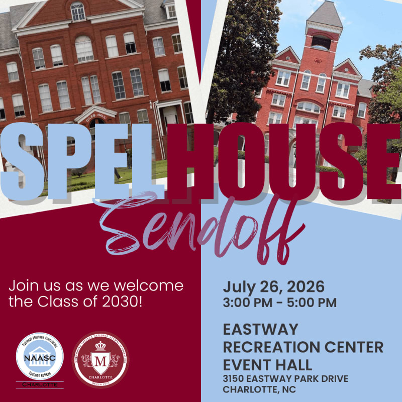 A "Spelhouse Sendoff" event for the Class of 2030 is advertised with images of historic brick buildings in the background and event details in the foreground.