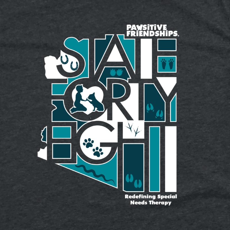 A dark gray t-shirt features a stylized map of Arizona filled with the words "STATE STORY" and "HIGH" in teal and white, with various animal paw prints and a silhouette of a child with a dog integrated into the design, all set against the textured fabric of the shirt.
