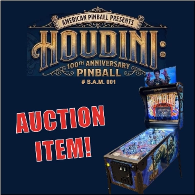 A Houdini pinball machine, labeled as an auction item, stands against a dark blue background with the "American Pinball Presents Houdini: 100th Anniversary Pinball" title above it.