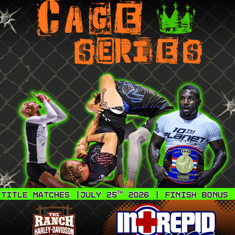 In the foreground, two fighters grapple intensely while a third fighter stands proudly holding a championship belt, all set against a backdrop of a cage and event branding.