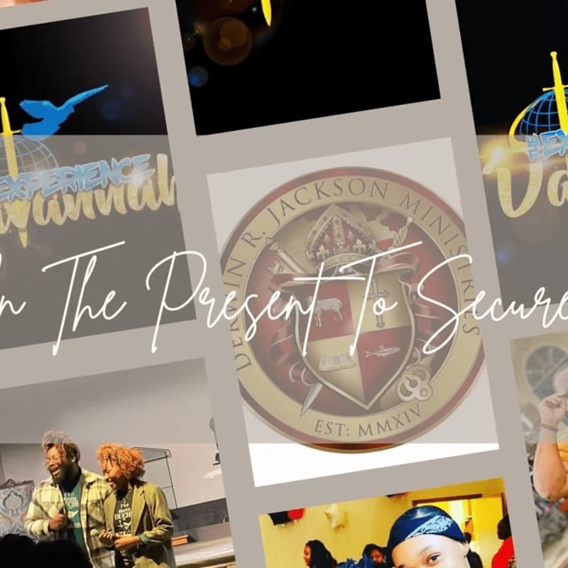 A collage of images features a central emblem with text overlaying a dove and globe, while the foreground shows people in a dimly lit room and the background displays vibrant event graphics.