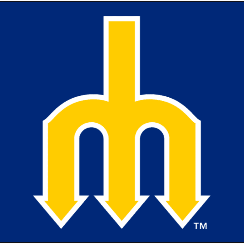 A yellow trident-like symbol with downward-pointing arrows is centered on a solid blue background.