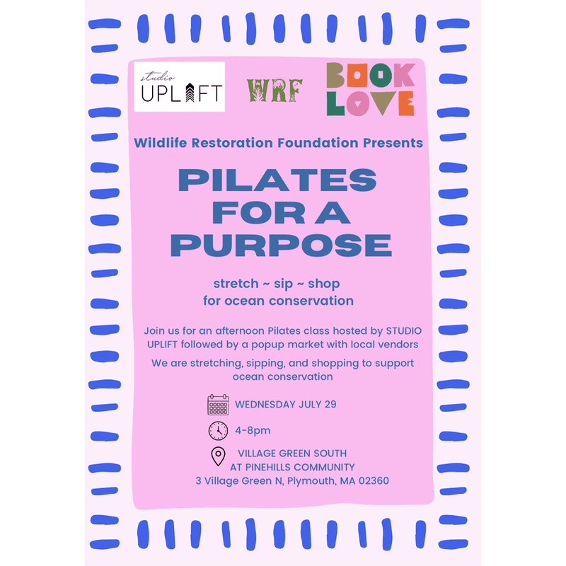 A pink flyer with blue dashed borders advertises a "Pilates for a Purpose" event, featuring details about a Pilates class, a popup market, and ocean conservation.
