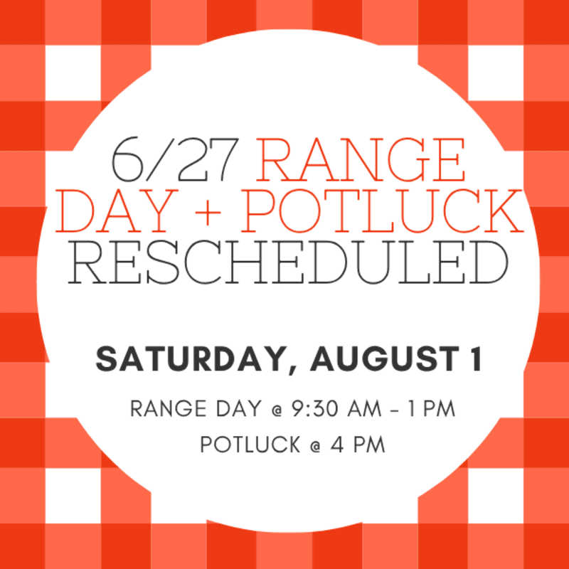A white circle with event details is superimposed on a red and white gingham background.