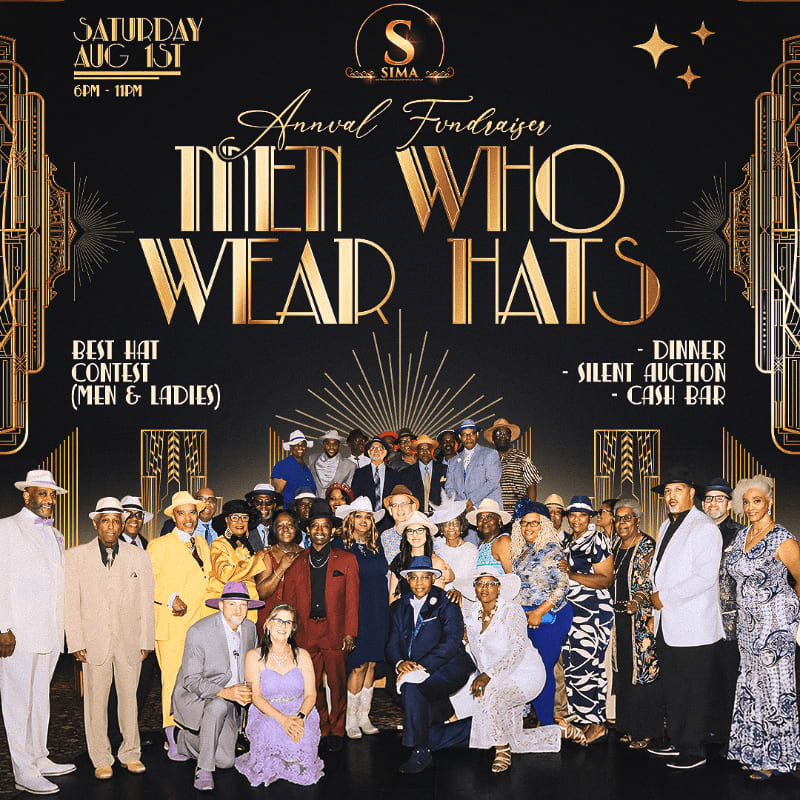 A large group of elegantly dressed people, many wearing hats, pose for a photo in front of a black background with gold art deco-style lettering announcing an "Annual Fundraiser: Men Who Wear Hats."
