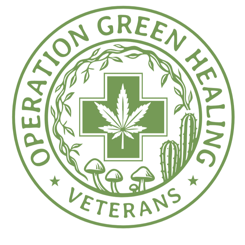 A green circular logo features a cannabis leaf within a cross in the foreground, surrounded by mushrooms and cacti, with the text "OPERATION GREEN HEALING VETERANS" encircling the design in the background.