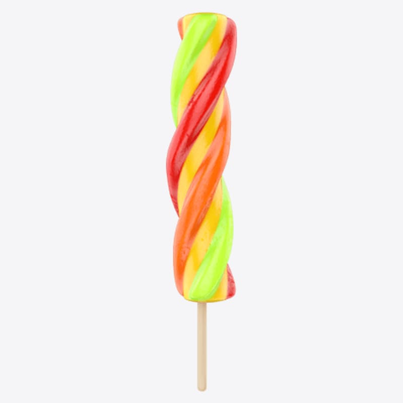 A colorful, twisted lollipop with red, orange, yellow, and green stripes stands on a white background.