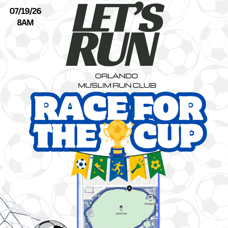 A "Race for the Cup" event poster with a soccer theme is displayed against a background of faint soccer balls and a soccer net, featuring event details like date, time, and location in the foreground.
