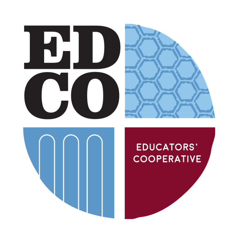 Black text "EDCO" is in the top left quadrant, a honeycomb pattern fills the top right, blue columns are in the bottom left, and "EDUCATORS' COOPERATIVE" is in the bottom right quadrant of a circular logo.