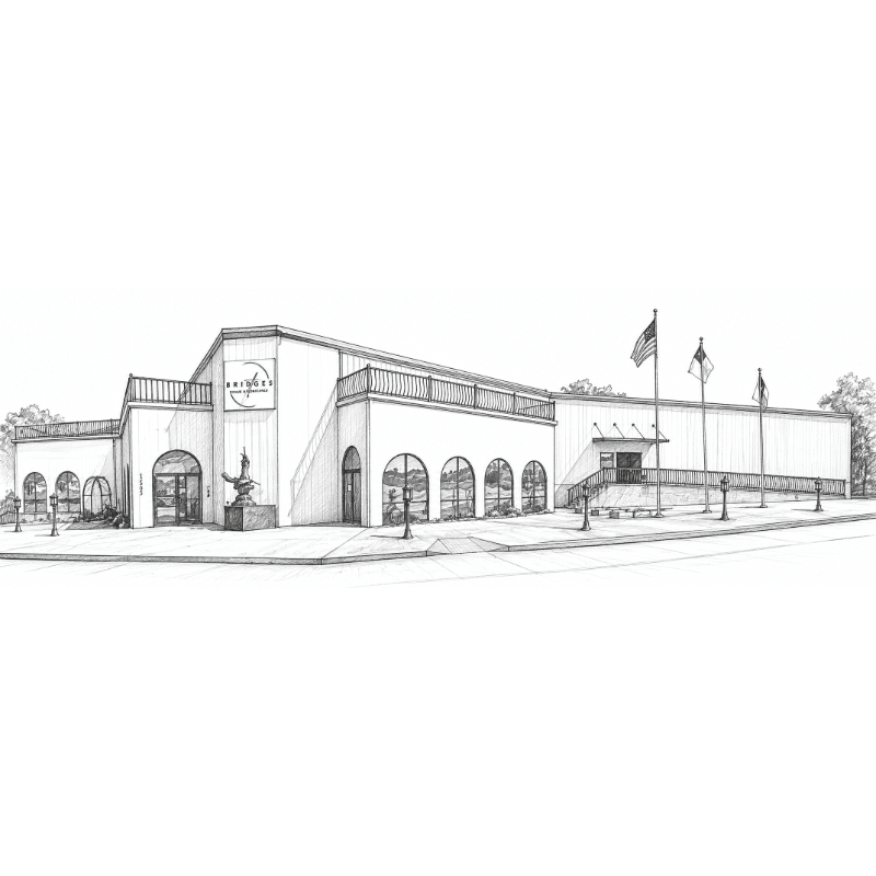 A sketch of a modern building with arched windows and a balcony in the foreground, set against a clear sky with flags and trees in the background.