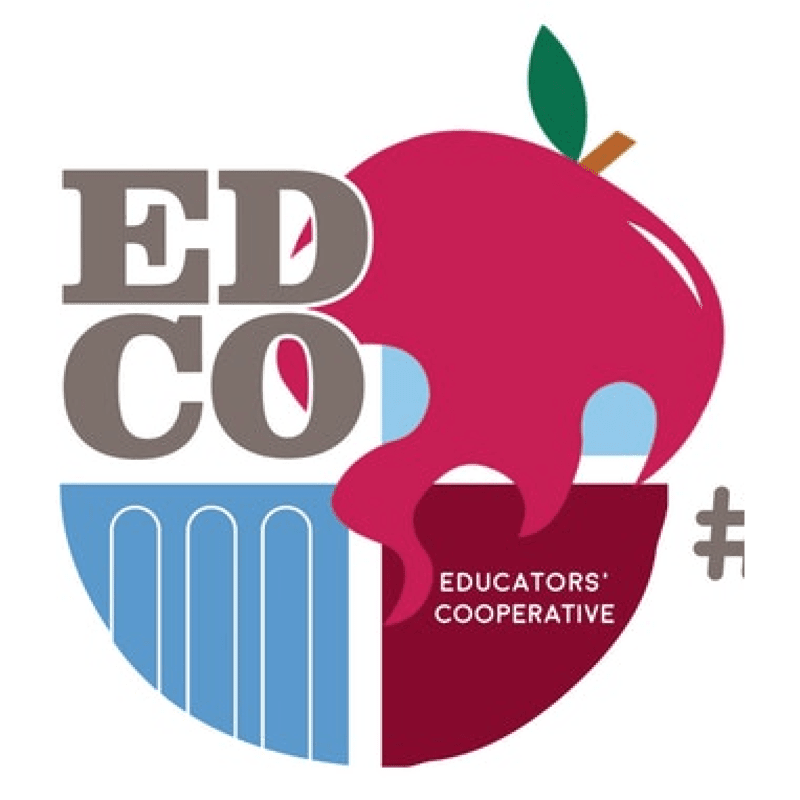A stylized red apple with a green leaf sits atop a circular logo featuring the letters "ED CO" in gray, a blue architectural element, and the text "EDUCATORS' COOPERATIVE" in white.