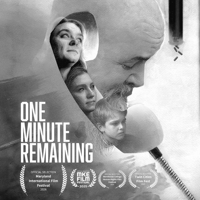 A black and white poster for "One Minute Remaining" features a close-up of a telephone receiver with superimposed faces of a woman, a young woman, and a boy, set against a blurred background with film festival laurels.