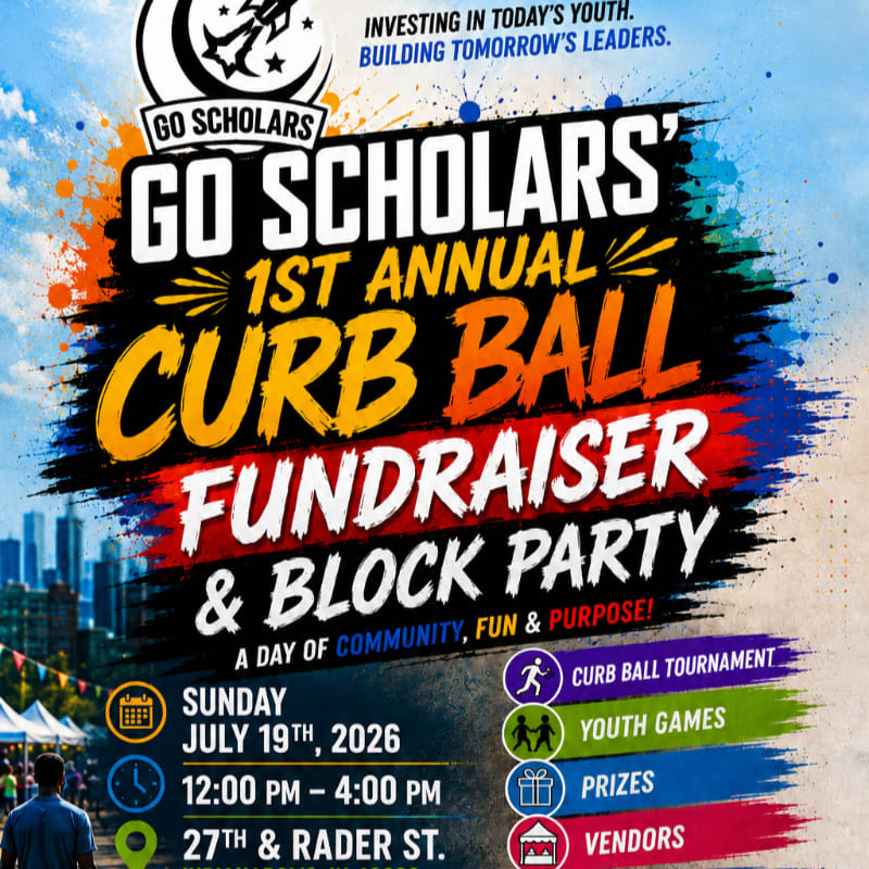 A vibrant poster advertises the "Go Scholars' 1st Annual Curb Ball Fundraiser & Block Party" with colorful splashes and event details in the foreground, set against a blurred cityscape in the background.