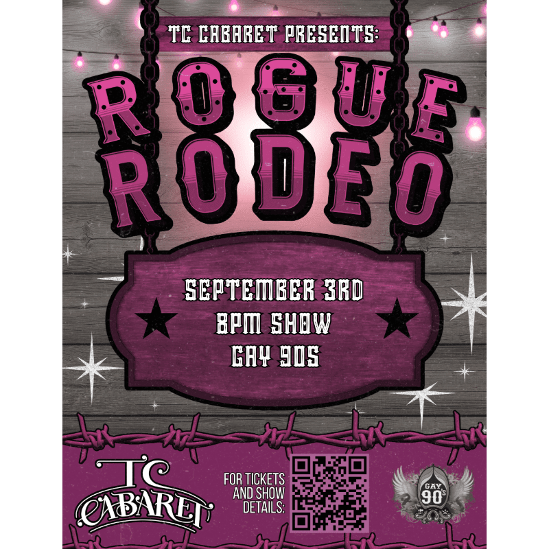 A rustic wooden background with string lights and barbed wire frames a pink "ROGUE RODEO" poster advertising a September 3rd show at 8 PM.