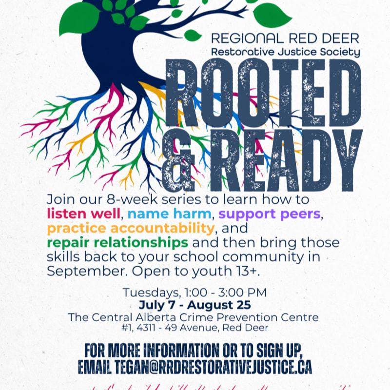 A colorful tree with roots forms the foreground, while the background displays text announcing a restorative justice program for youth.