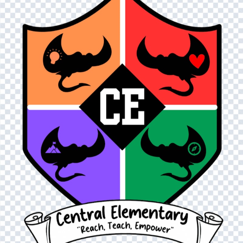 A colorful crest with four quadrants, each featuring a black silhouette of a creature with horns and a tail, is centered on a transparent background, with a banner below displaying "Central Elementary" and the motto "Reach, Teach, Empower."