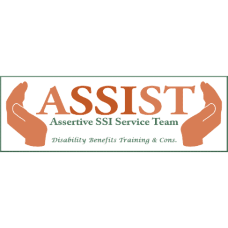 Two orange hands cradle the word "ASSIST" in burnt orange, with "Assertive SSI Service Team" and "Disability Benefits Training & Cons." written below in smaller text, all within a green border against a white background.