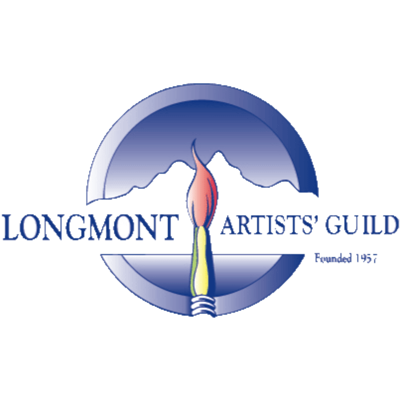 A paintbrush with a flame-like tip stands in front of a circular emblem featuring mountains and the text "LONGMONT ARTISTS' GUILD FOUNDED 1957."