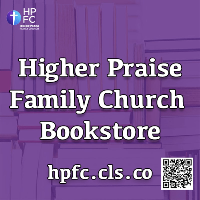 A purple background of stacked books frames the white text "Higher Praise Family Church Bookstore" and the website "hpfc.cls.co" in the foreground, with a church logo in the upper left corner.