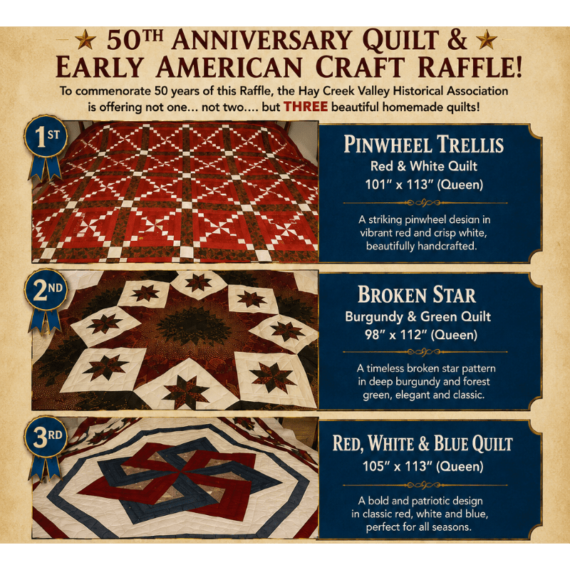Three handmade quilts, a red and white pinwheel, a burgundy and green broken star, and a red, white, and blue quilt, are displayed with their descriptions against a textured background.