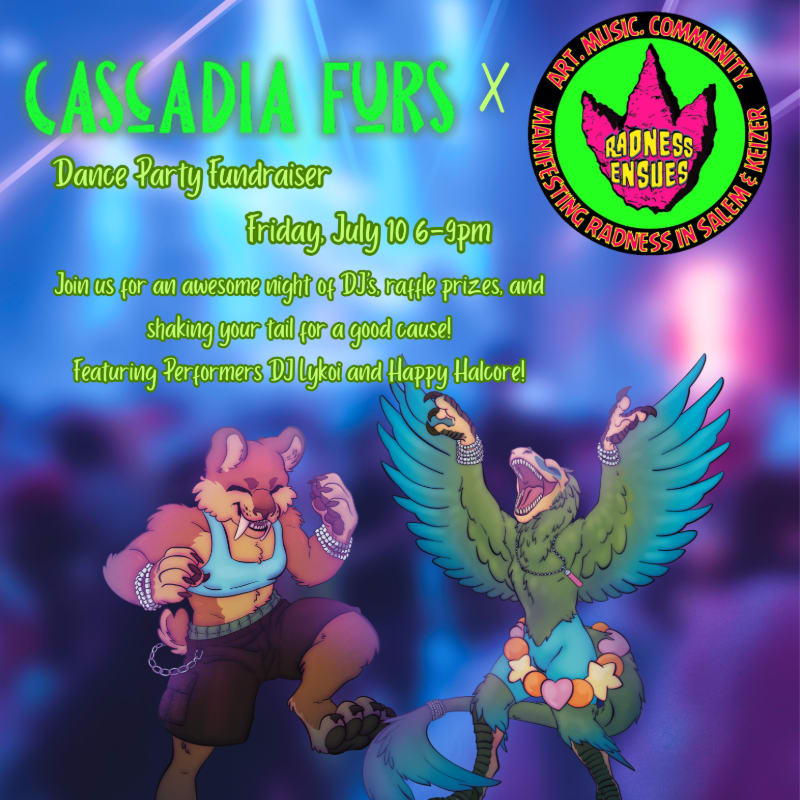 Two anthropomorphic animal characters dance energetically in the foreground against a blurred background of colorful lights and event details.