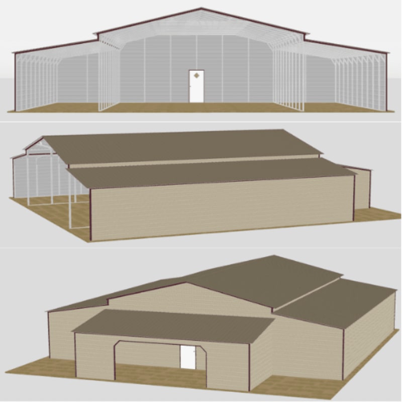 Three renderings of a tan metal building with a brown roof show its front, side, and angled views, with open-air sections on the sides and a closed central section.