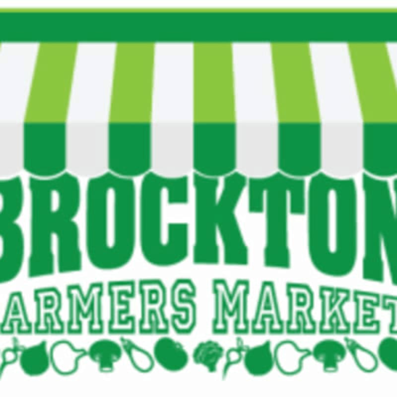 Green and white striped awning stretches across the top, with "BROCKTON FARMERS MARKET" in large green letters below, and a row of stylized vegetables at the bottom.