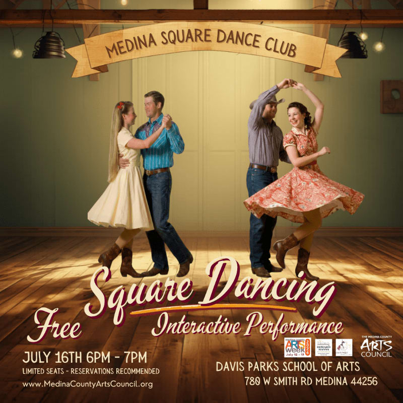 Two couples dance on a wooden floor in front of a banner that reads "Medina Square Dance Club" and event details.
