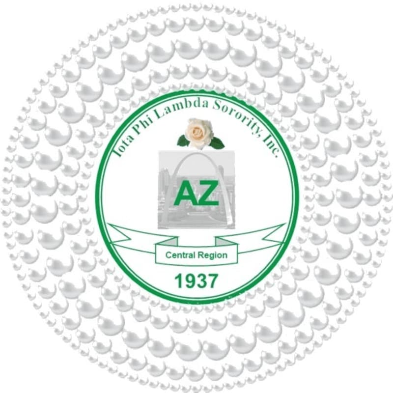 A circular emblem with the words "Iota Phi Lambda Sorority, Inc. Central Region 1937" and a rose over a depiction of the Gateway Arch is surrounded by a border of white pearls.
