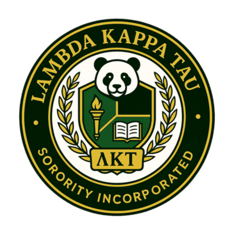 A circular crest with a panda at the top, a shield with a torch and an open book in the center, and the words "LAMBDA KAPPA TAU SORORITY INCORPORATED" around the edge, all set against a white background.