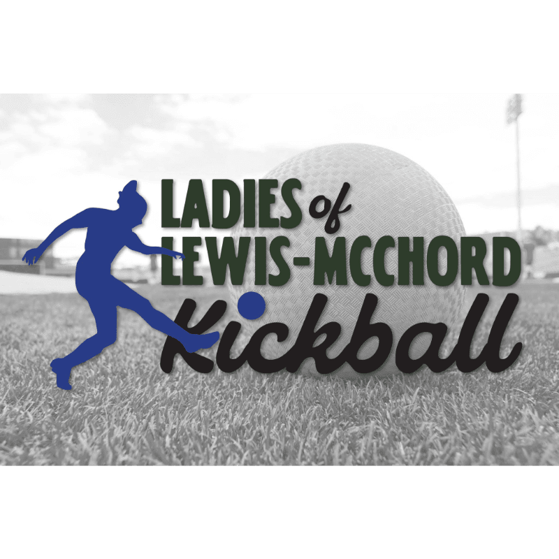 A blue silhouette of a woman kicking a ball is in the foreground, with a large kickball and text reading "LADIES of LEWIS-MCCORD Kickball" in the background.