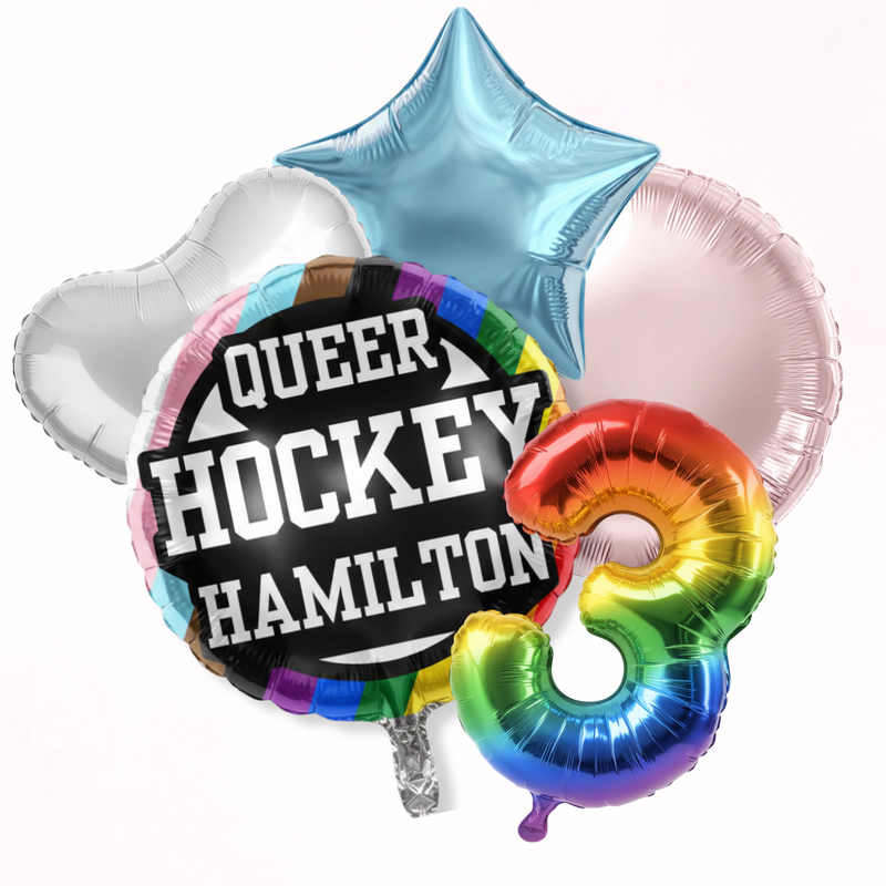 A cluster of colorful balloons, including a rainbow number 3 and a star, floats against a white background.