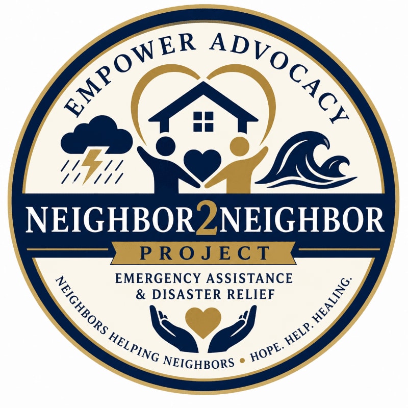 A circular logo for the Neighbor2Neighbor Project features a house with two figures under a stormy sky and a wave in the foreground, with text about emergency assistance and disaster relief surrounding it.