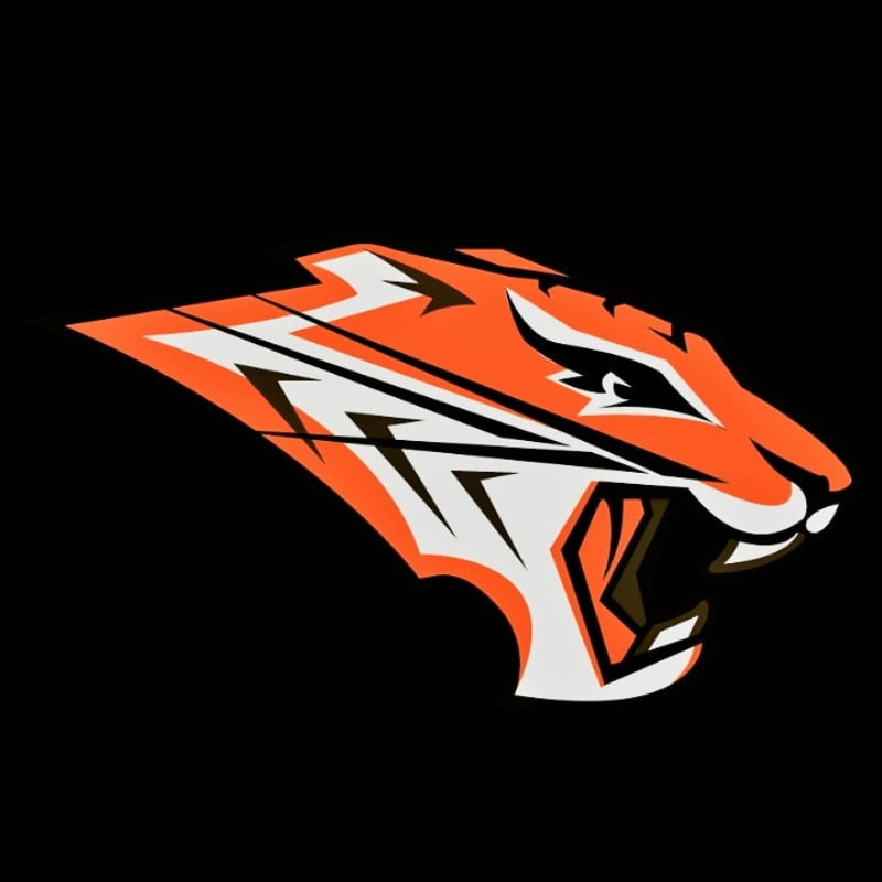 An orange and white tiger's head with bared teeth is set against a solid black background.