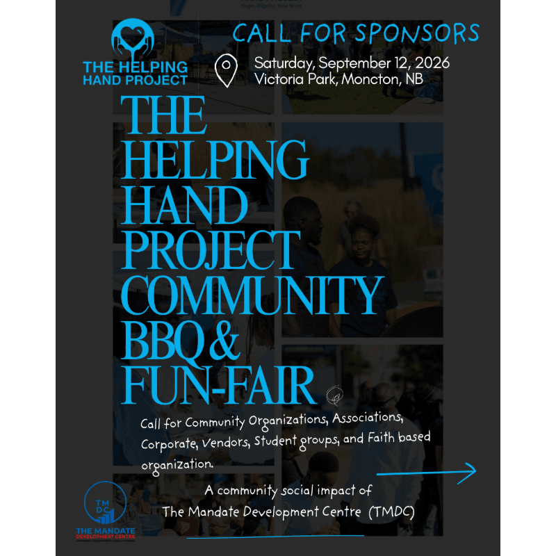 A dark gray background frames a flyer for "The Helping Hand Project Community BBQ & Fun-Fair" with a call for sponsors, featuring event details and a logo in the foreground.