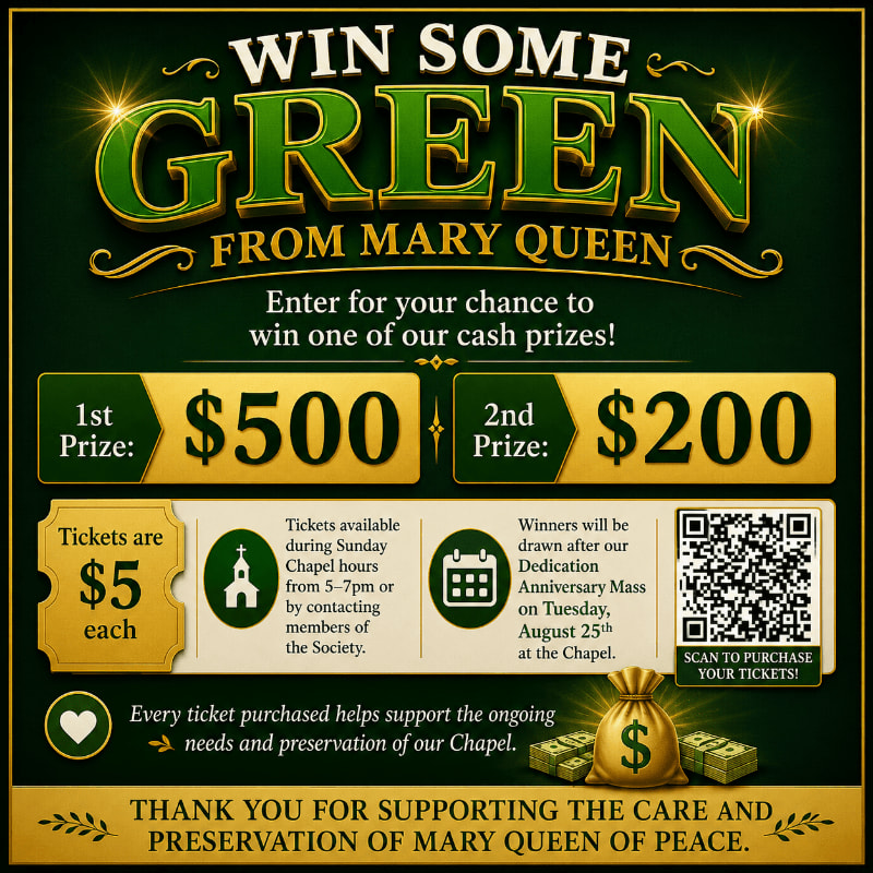 A promotional poster for a raffle to win cash prizes, with details about ticket sales and prize drawings, is set against a dark green background with gold accents.