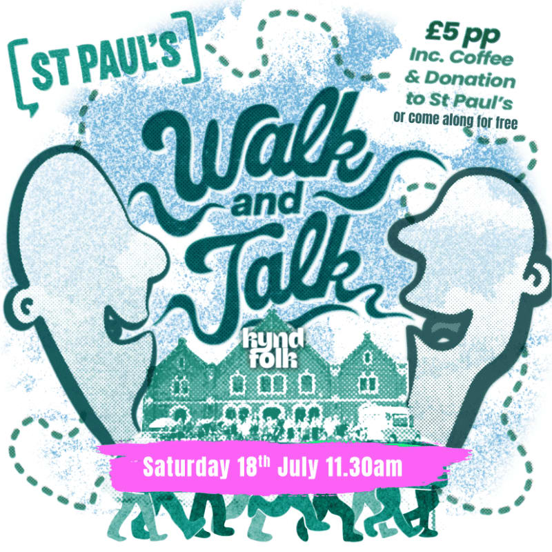 Two stylized heads in the foreground are engaged in conversation above a row of houses, with event details and a dotted background.