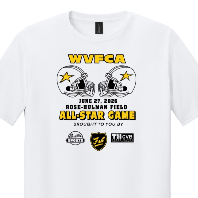 A white t-shirt displays graphics for the WVFCA All-Star Game on June 27, 2026, at Rose-Hulman Field, with two football helmets in the foreground and sponsor logos in the background.