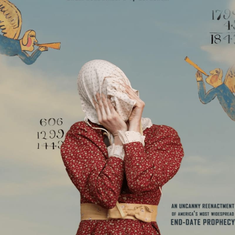 A woman in a red dress and headscarf covers her face in the foreground, while two angels with trumpets appear in the sky behind her, with numbers scattered throughout the background.