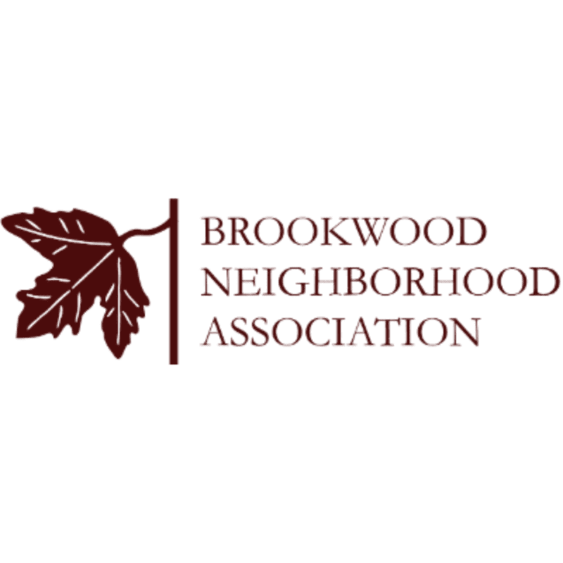 A maroon leaf and stem are on the left, with the words "BROOKWOOD NEIGHBORHOOD ASSOCIATION" in maroon text to the right, all on a white background.