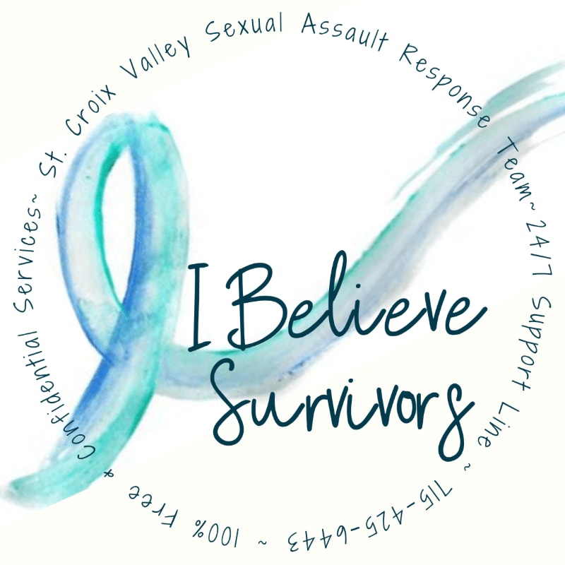 A teal and blue ribbon with the words "I Believe Survivors" is centered on a white background, surrounded by text detailing services and contact information.